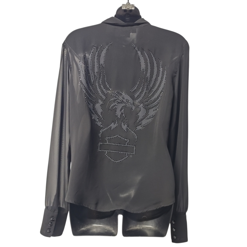 Harley-Davidson Womens L Black Sheer Button-Up Blouse Rhinestone Eagle Sheer Top - Picture 2 of 8